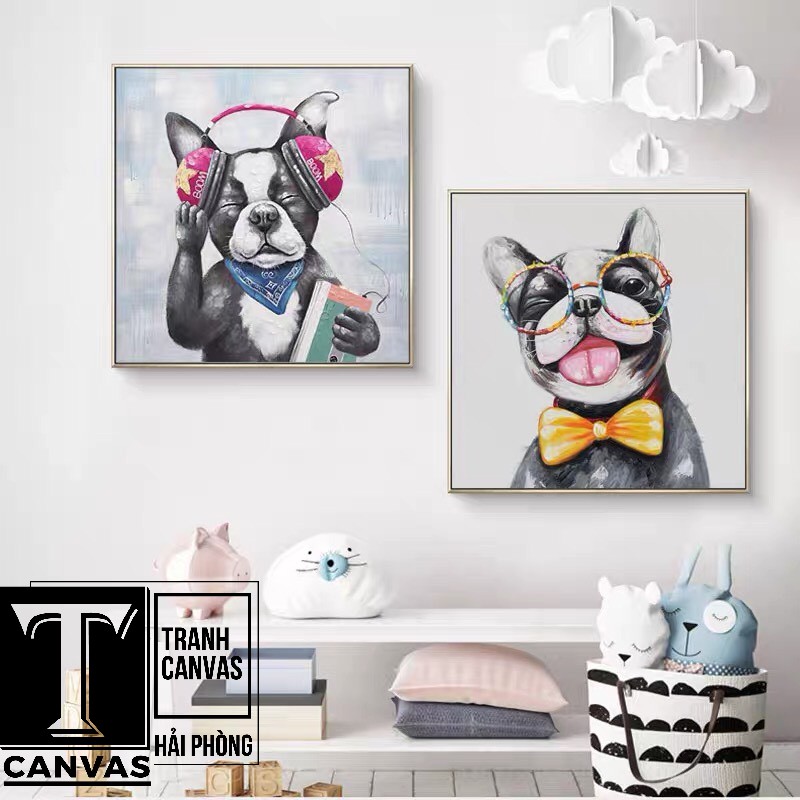(Tranh Giá Xưởng) Tranh canvas treo tường hiện đại nghệ thuật, chân dung Chó, Mèo ngộ nghĩnh CM31-32 (không kèm khung)