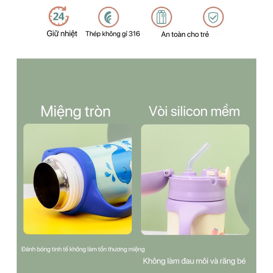 Bình Nước Trẻ Em Giữ Nhiệt 360ml, Bình Đựng Nước Đi Học Cho Bé  An Toàn Kèm Dây Xách