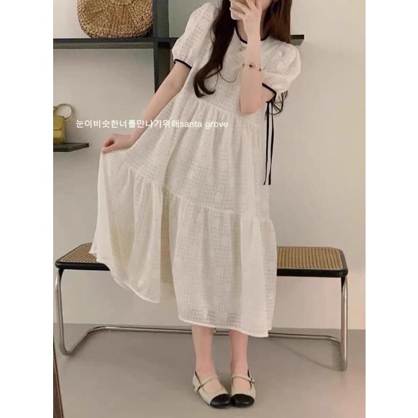 Váy babydoll cộc tay thiếu nữ viền đen dáng xoè bồng bềnh