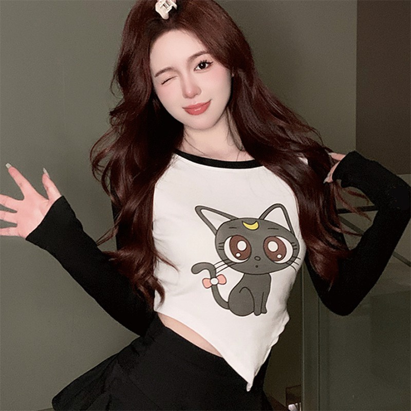 Áo Thun Croptop Tay Dài Cổ Tròn In Họa Tiết Màu Tương Phản Phong Cách Hàn Quốc Cho Nữ