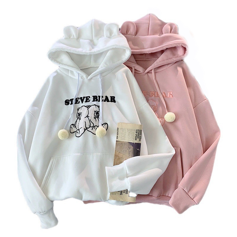 Áo Hoodie Dáng Rộng Thêu Hình Tai Gấu Dễ Thương Cho Nữ