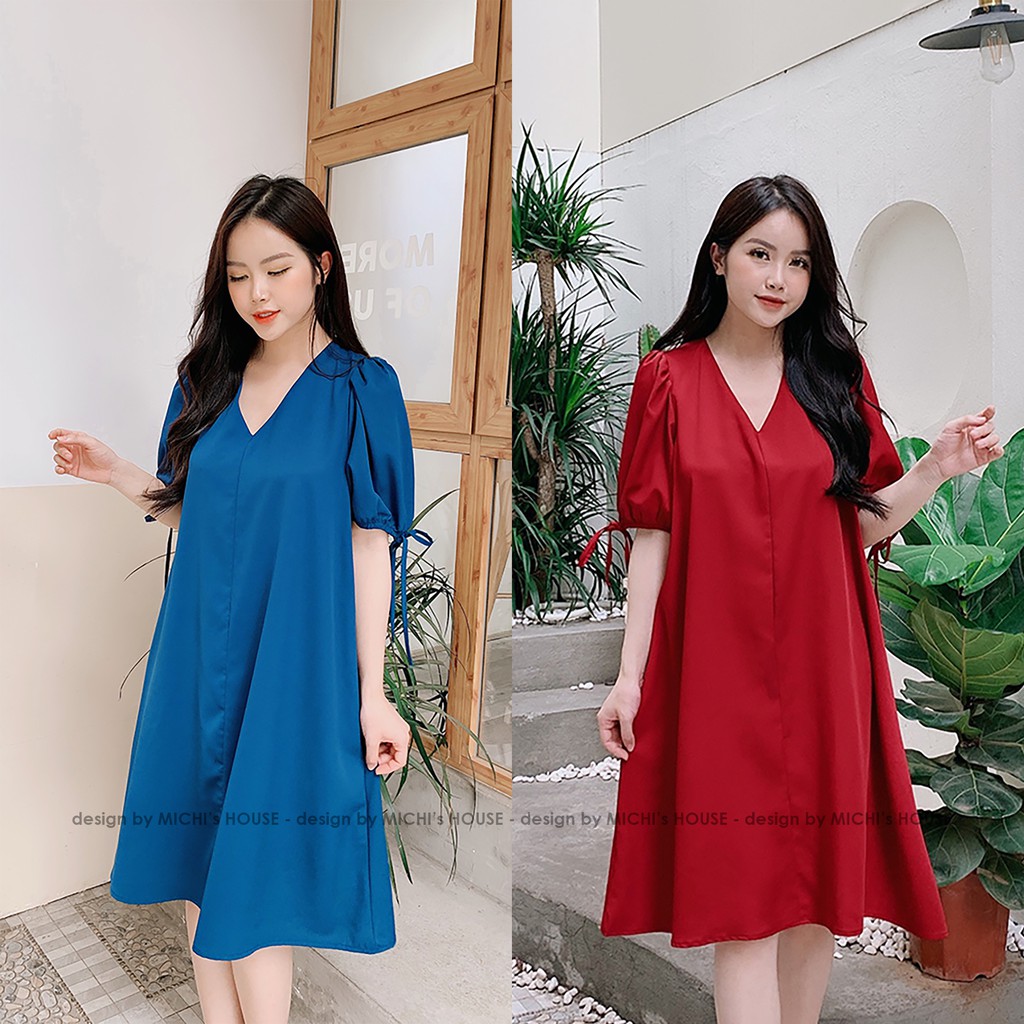 Váy thiết kế, dáng suông cổ V, tay nơ, đầm dáng xuông rộng, freesize 3 màu Xanh - Nâu - Đỏ, mã V232 - Michi's House