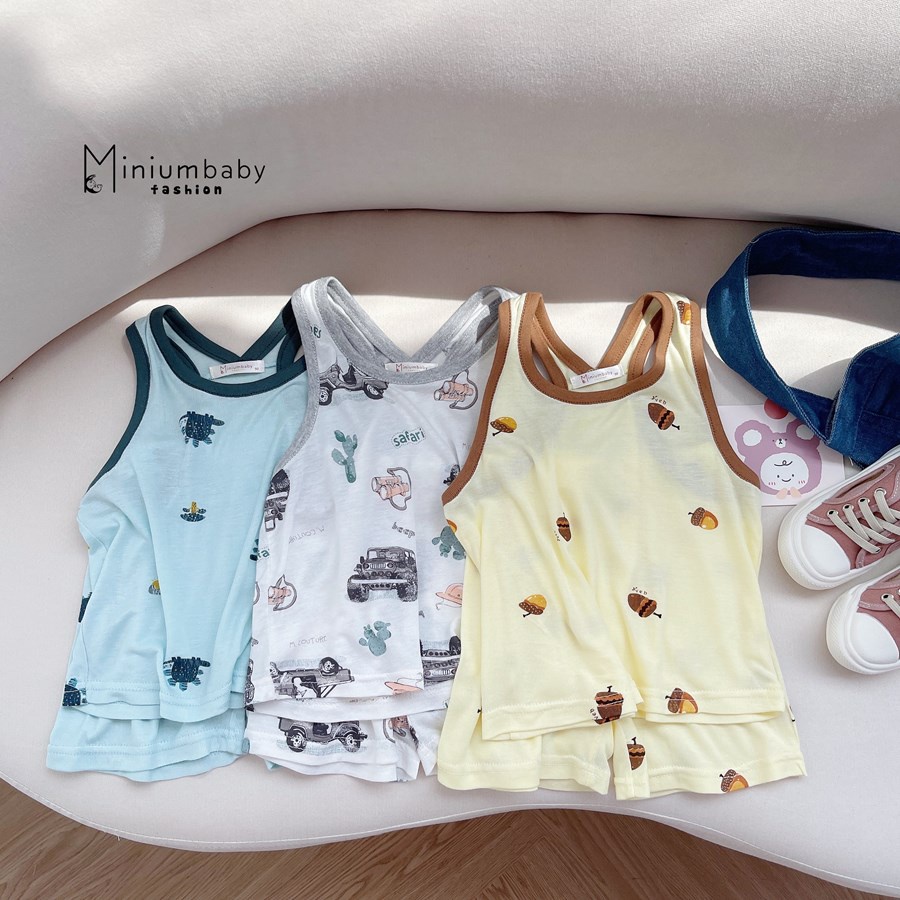 Bộ quần áo ba lỗ thiết kế 2 dây hè unisex cho bé gái, bé trai 100% cotton mát mẻ thông thoáng, miniumbabyfashionSB1241
