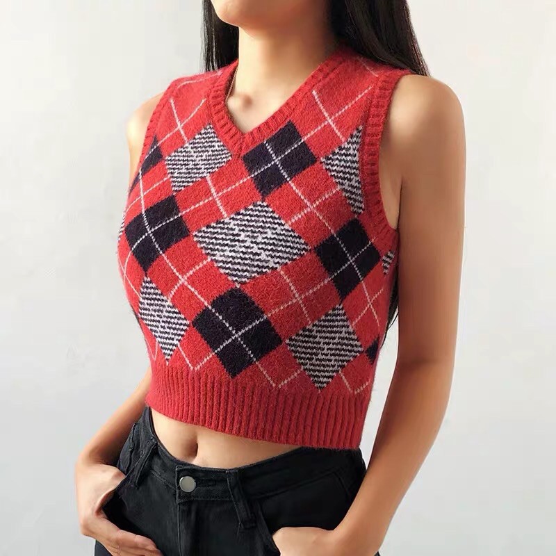 Áo Gile Len croptop hình thoi vintage cá tính | BigBuy360 - bigbuy360.vn