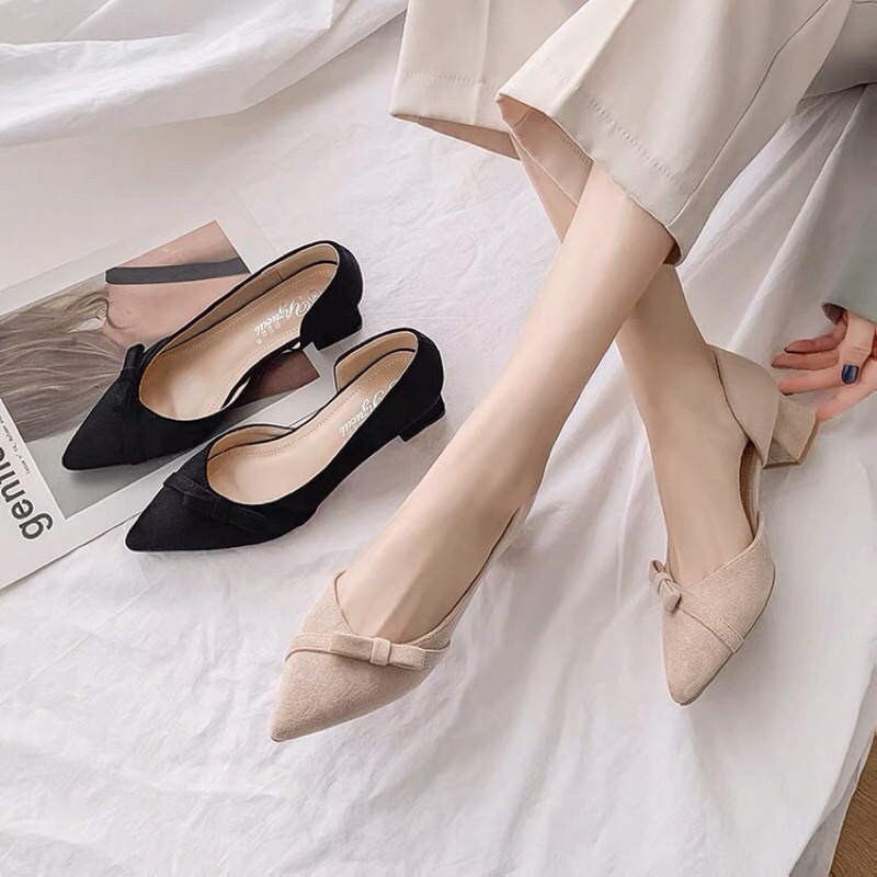 Giày cao gót nữ kiểu dáng khoét eo thanh lịch gót thô 6cm có gắn nơ mảnh - GI13 - Oula Store