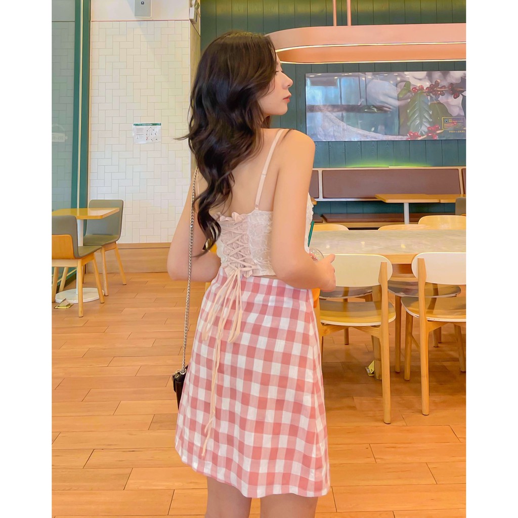 Chân váy ngắn kẻ caro dáng chữ A có lót trong lưng cạp cao xẻ đùi vải thô mát đủ size ulzzang thiết kế T-Ju (cv anh đào) | BigBuy360 - bigbuy360.vn