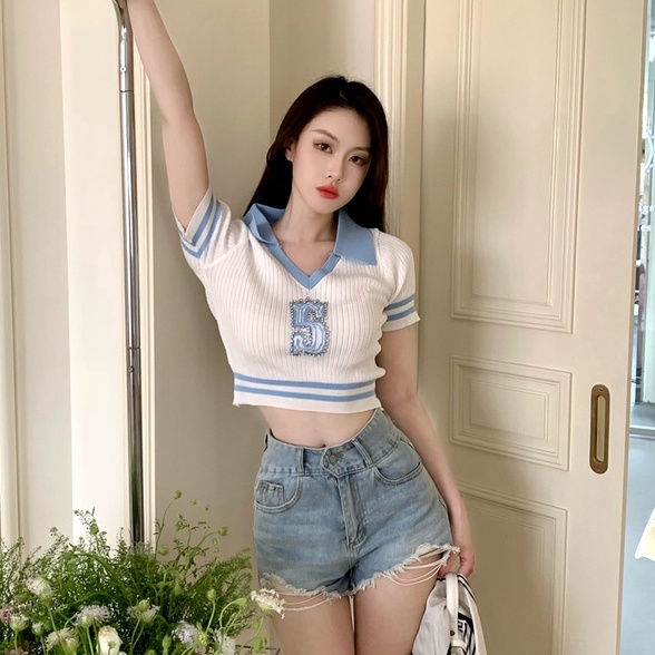 Áo kiểu ZHELIHANGFEI vải dệt kim ngắn tay ôm dáng gợi cảm dành cho nữ