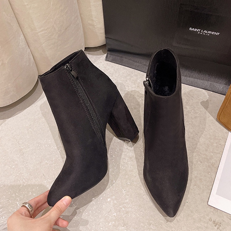 Giày Bốt martin Da Lộn Mũi Nhọn Gót Thấp Phối Khóa Kéo Bên Hông Thời Trang Cho Bạn Gái