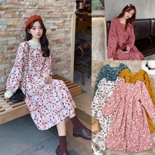 Đầm babydoll vintage nhung tăm hoa nhí cổ U/váy hoa nhung hồng trắng xanh vàng kèm dây buộc