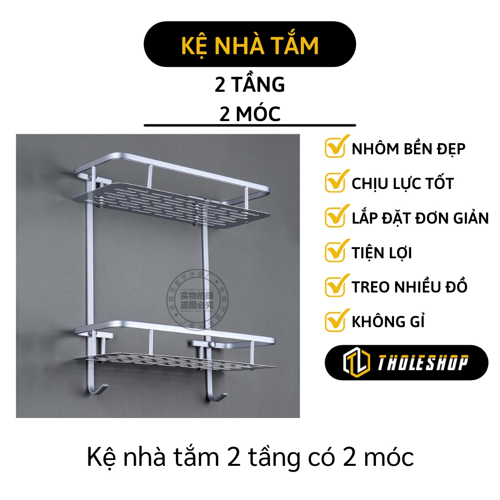 Kệ Nhà Tắm - Kệ Để Dầu Gội, Sữa Tắm, Để Gia Vị 2 Tầng Có 2 Móc Treo Khăn 8788