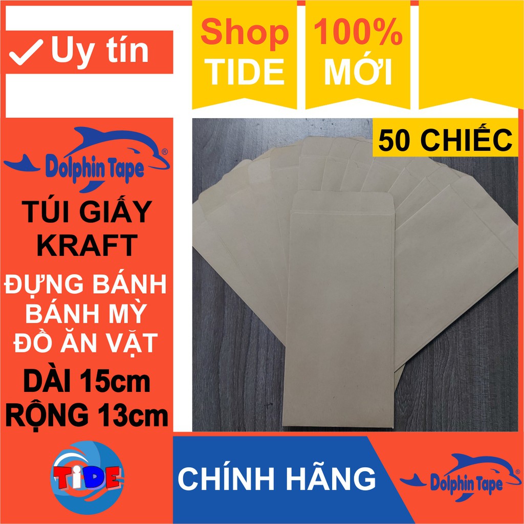 50 Túi giấy Kraft màu da bò rộng 13cm x dài 15cm – Dùng đựng đồ ăn vặt, bánh mỳ…