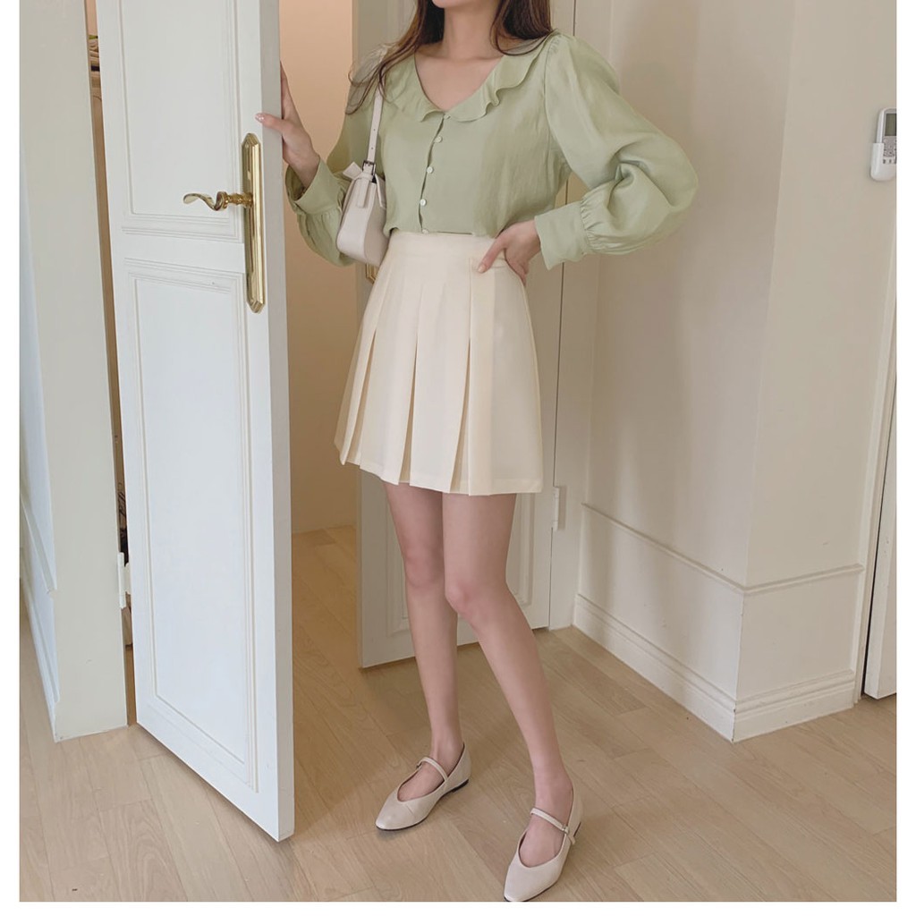 Áo sơ mi tay dài nhún bèo/Chân váy xếp ly chữ a lưng cao phong cách hàn quốc 42485