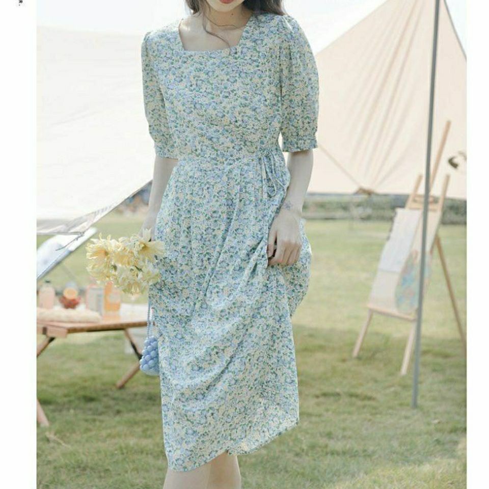 Đầm Chiffon Tay Ngắn Cổ Vuông Thắt Eo In Họa Tiết Hoa Phong Cách Mới Mùa Hè Cho Nữ