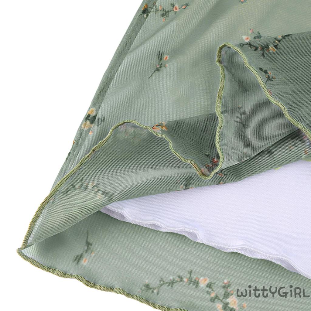 W[]-Women´s Mesh Bodycon Mini Skirt, Vintage Floral Print High Waist Lettuce Trim Short Pencil Skirt