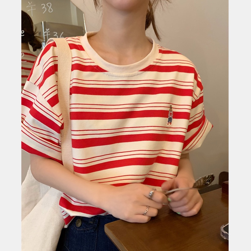 Áo Thun Tay Ngắn Dáng Rộng Kẻ Sọc Thêu Hình Đơn Giản Cho Nữ
