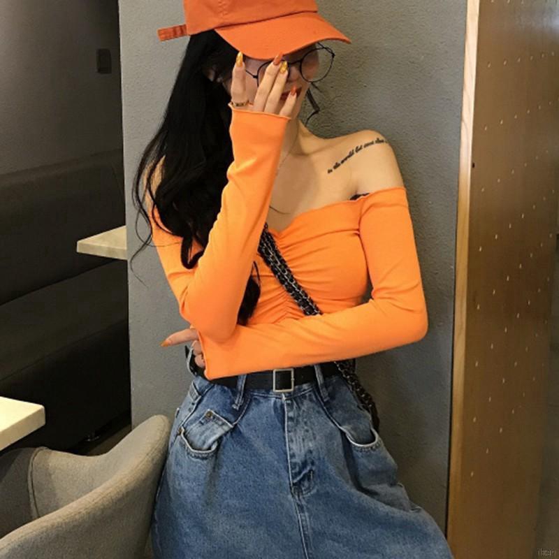 Áo Croptop Tay Dài Trễ Vai Thiết Kế Quyến Rũ Cho Nữ