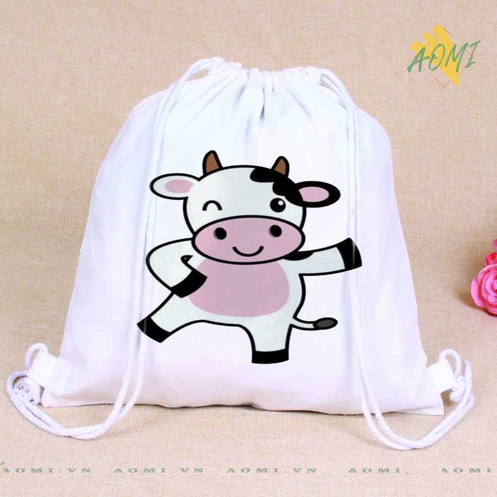 BALO MINI bò sữa milk AOMIVN DÂY RÚT ĐEO VAI 33x38cm NHỎ XINH UNISEX CHẤT CANVAS CUTE TIỆN ÍCH DU LỊCH DẠO PHỐ