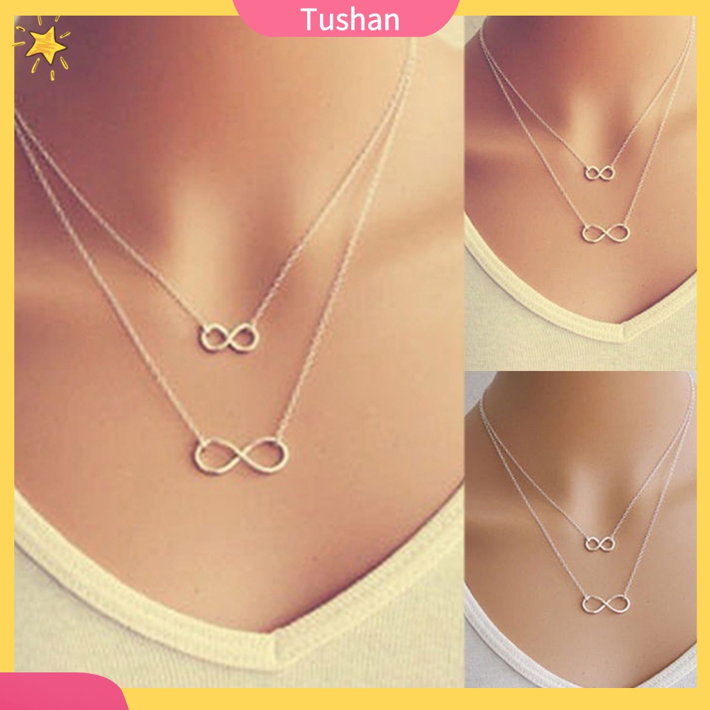 TUSH_Lady Double 8 Shape Pendant Chain Infinity Choker Statement Bib Necklace Jewelry