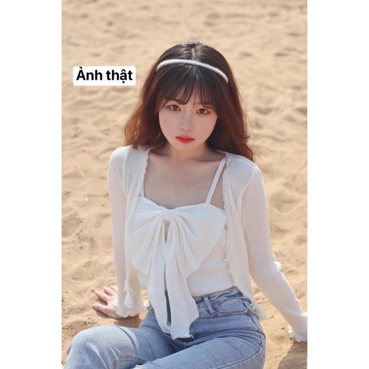 Set Áo Hai Dây Nơ + Áo Khoác Cardigan Ngắn ( ODER + KÈM ẢNH THẬT ) | BigBuy360 - bigbuy360.vn