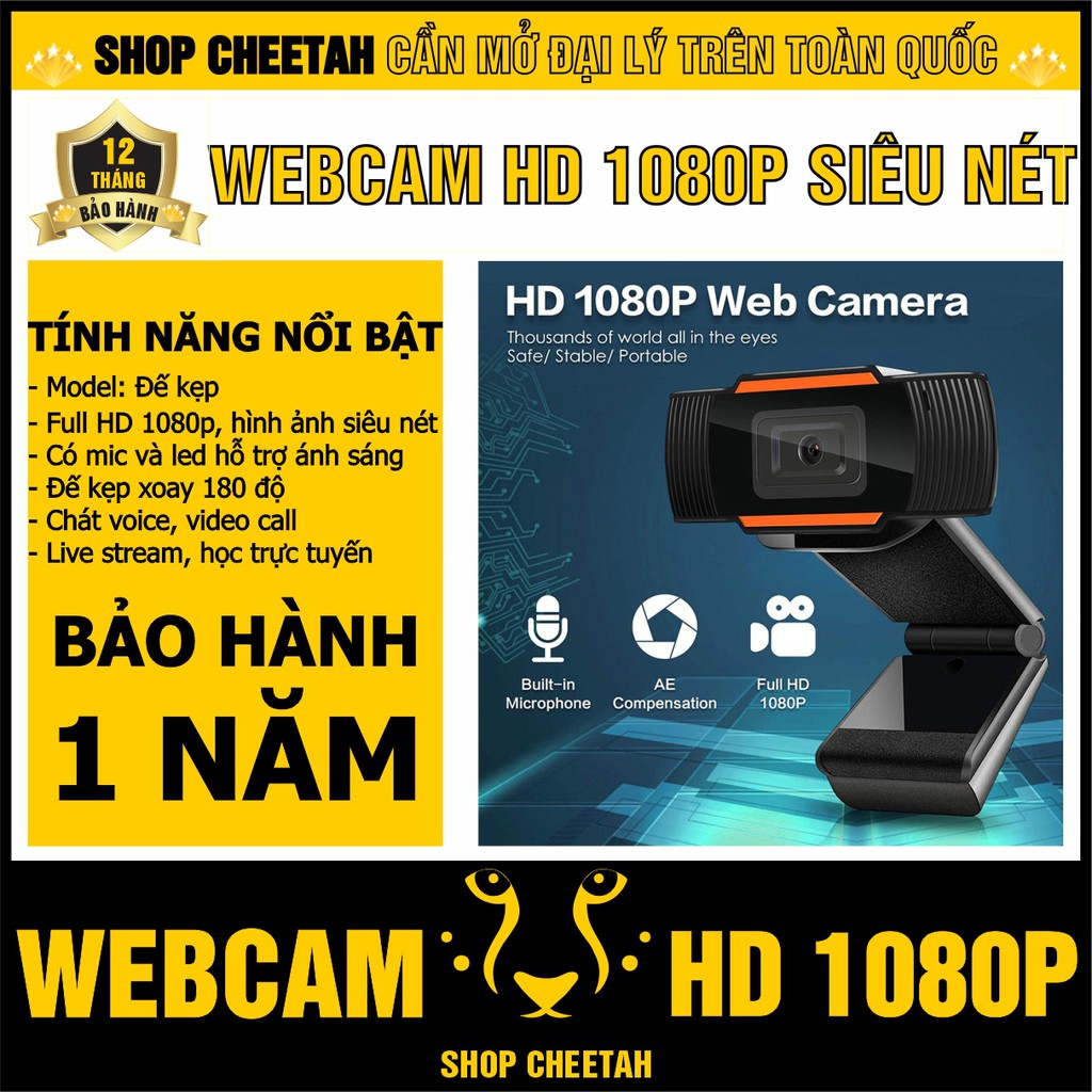 Webcam kẹp HD 1080P siêu nét – Có mic và đèn led hỗ trợ học trực tuyến – Đế kẹp màn hình cố định tiện lợi – Bảo 1 năm