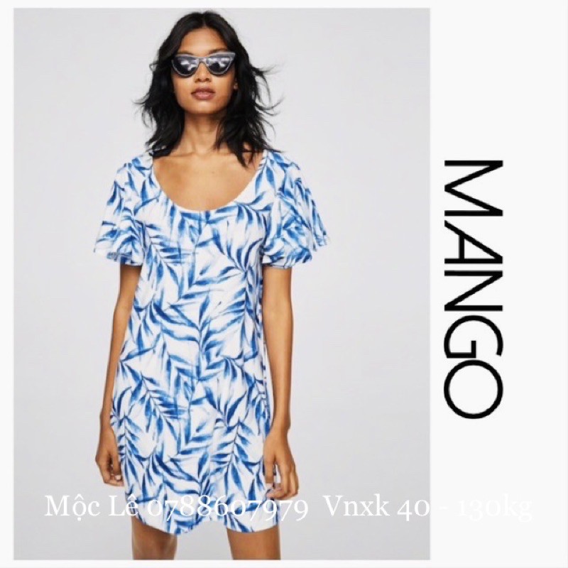 Đầm thun tay ngắn xẻ cột dây mango vnxk dáng xoè giấu bụng lá xanh hoa đỏ