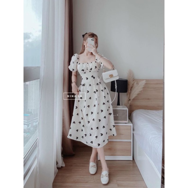 Đầm váy nữ maxi tay phồng dáng suông họa tiết dễ thương thời trang nữ