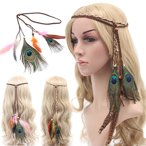 Vòng đeo đầu gắn lông vũ phong cách Hippie