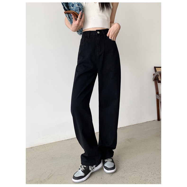 Quần jeans ống rộng chất bò dáng suông màu đen,jeans cạp cao phong cách Hàn Quốc sành điệu-MAI THỎ SHOP