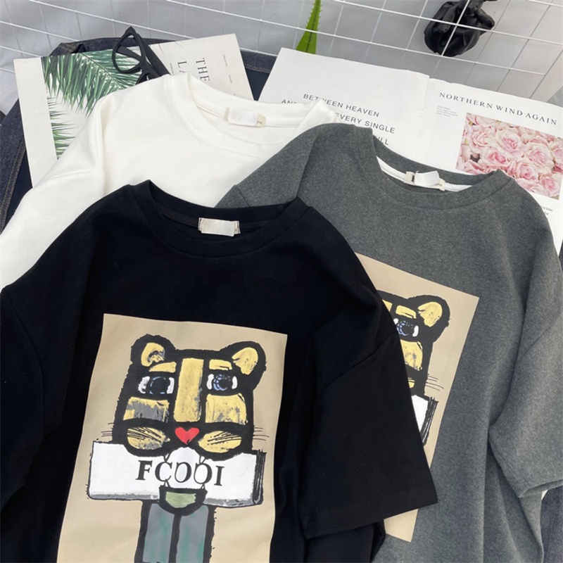 Áo thun SUXI cổ tròn ngắn tay dáng rộng in họa tiết phong cách Hàn Quốc thời trang hè đơn giản cho nữ