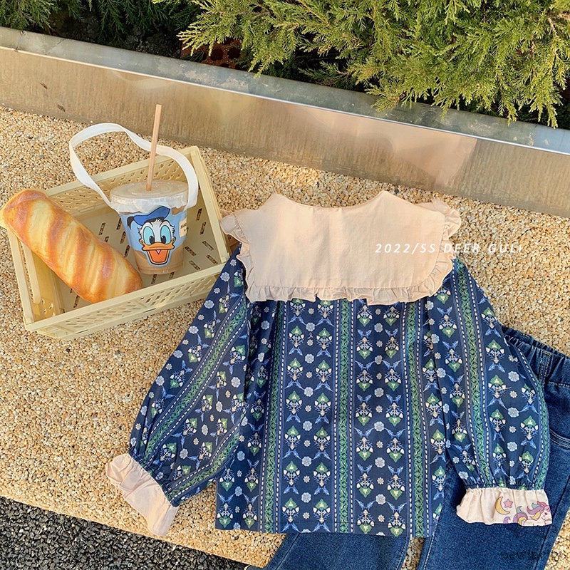 Bộ Áo Sơ Mi Hoa + Quần Jeans Ống Loe Thời Trang Hàn Quốc Cho Bé Gái