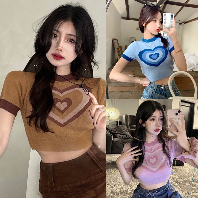 Áo Croptop Tay Ngắn In Hình Trái Tim Phong Cách Retro