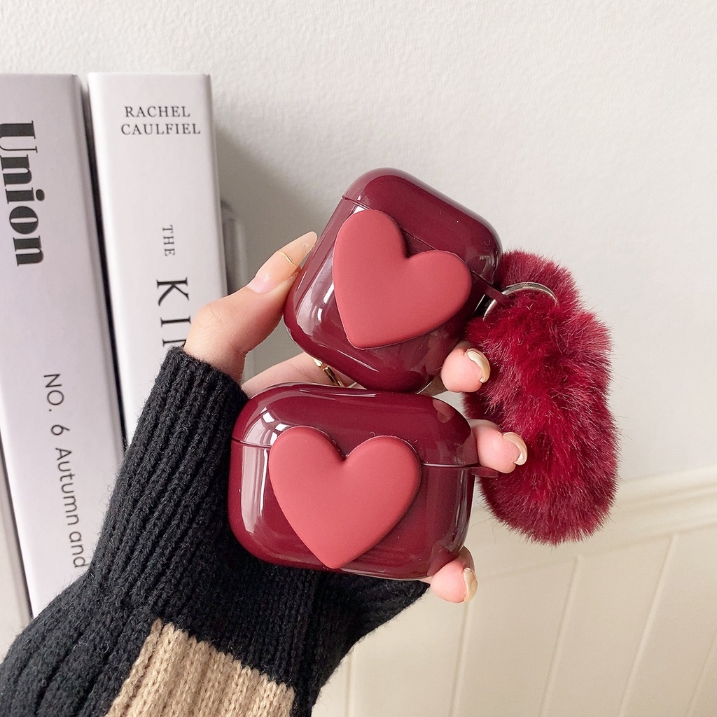 Plush Wine Red Love Heart compatible for Apple Airpods 1/2/3 Pro Case wireless bluetooth earphone Charging Cover