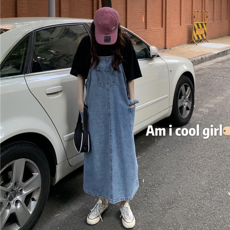 (ORDER) Váy yếm denim dáng suông dài 3 túi style vintage Hàn Quốc trẻ trung đáng yêu - Có ảnh thật