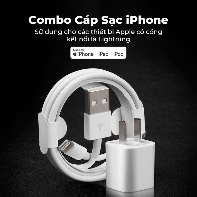 Bộ Cáp Sạc Lightning Chính Hãng Apple Dùng Cho iPhone, iPad, iPod, Cũ Sạc Zin (5V/1A), Cáp Zin USB to Lightning Dài 1M