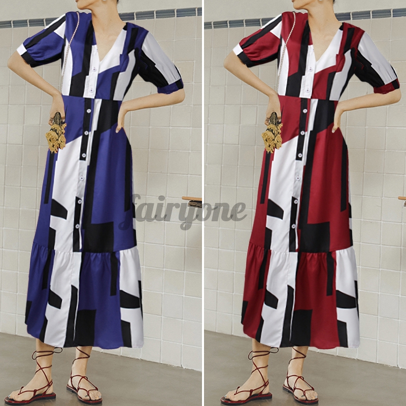 # Womens Summer Loose Floral V-NeckLong Dress #