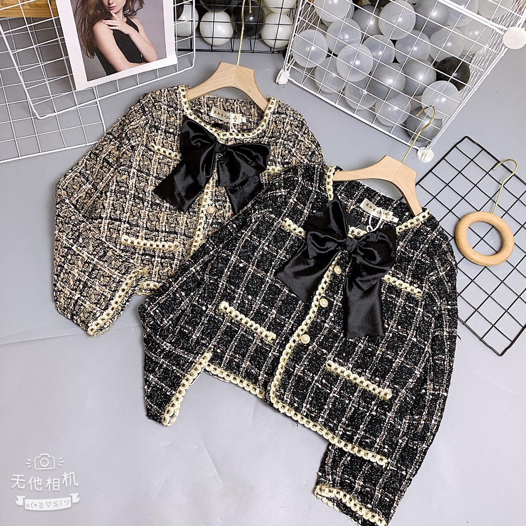 Áo dạ kẻ Tweed kèm nơ 2 màu siêu xinh