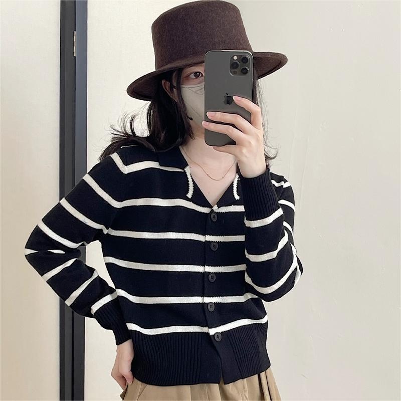 【ZHELIHANGFEI】Áo Cardigan Dệt Kim Dáng Rộng Họa Tiết Kẻ Sọc Dễ Phối Đồ