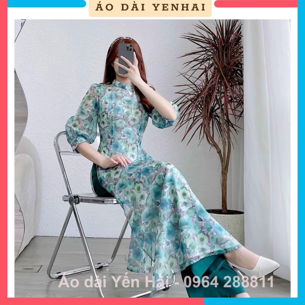 Áo dài cách tân 4 tà chất Von tơ cao cấp trẻ trung màu xanh | 4T26