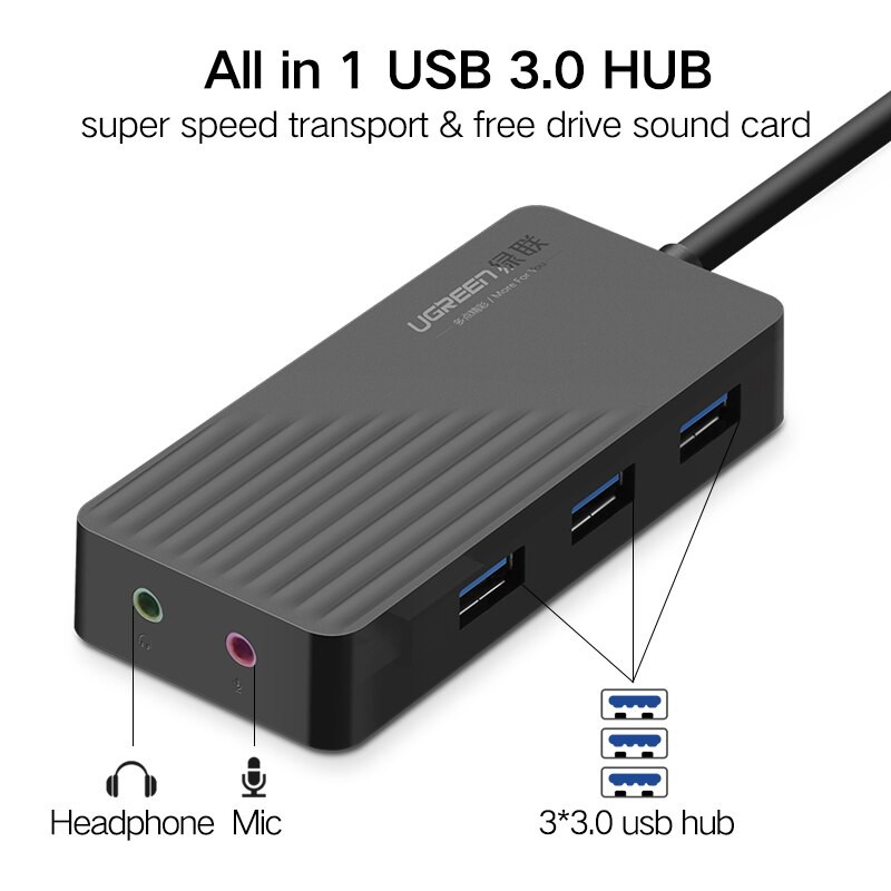 Hub USB 3.0 Tích Hợp USB Sound (Loa &amp; Mic) Ugreen 30420 Chính Hãng màu đen