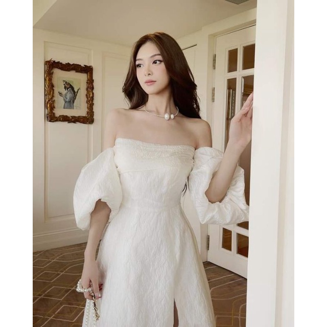 ❤❤Váy trễ vai gấm xẻ bánh bèo tiểu thư🌸🌸