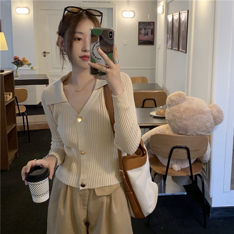 Áo cardigan len tăm dệt kim cổ chữ V dài tay vintage phong cách Hàn Quốc