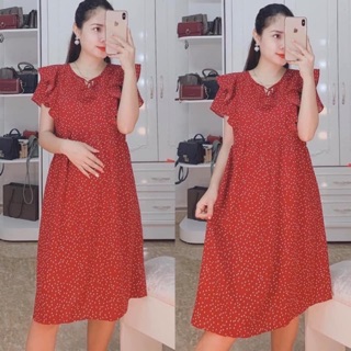Váy bầu đẹp dáng công sở chất lụa màu đỏ chấm bi mùa hè maternity dress