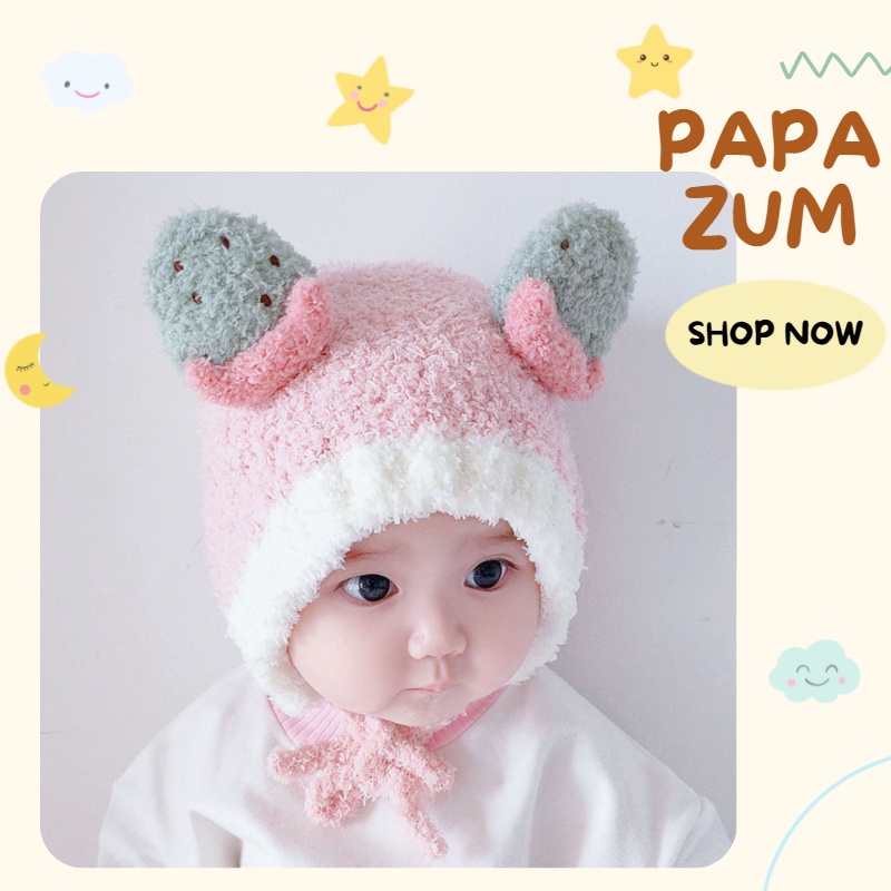 Mũ len cho bé tai hình hoa quả có vành bảo vệ tai giữ ấm PAPAZUM AQ5522F