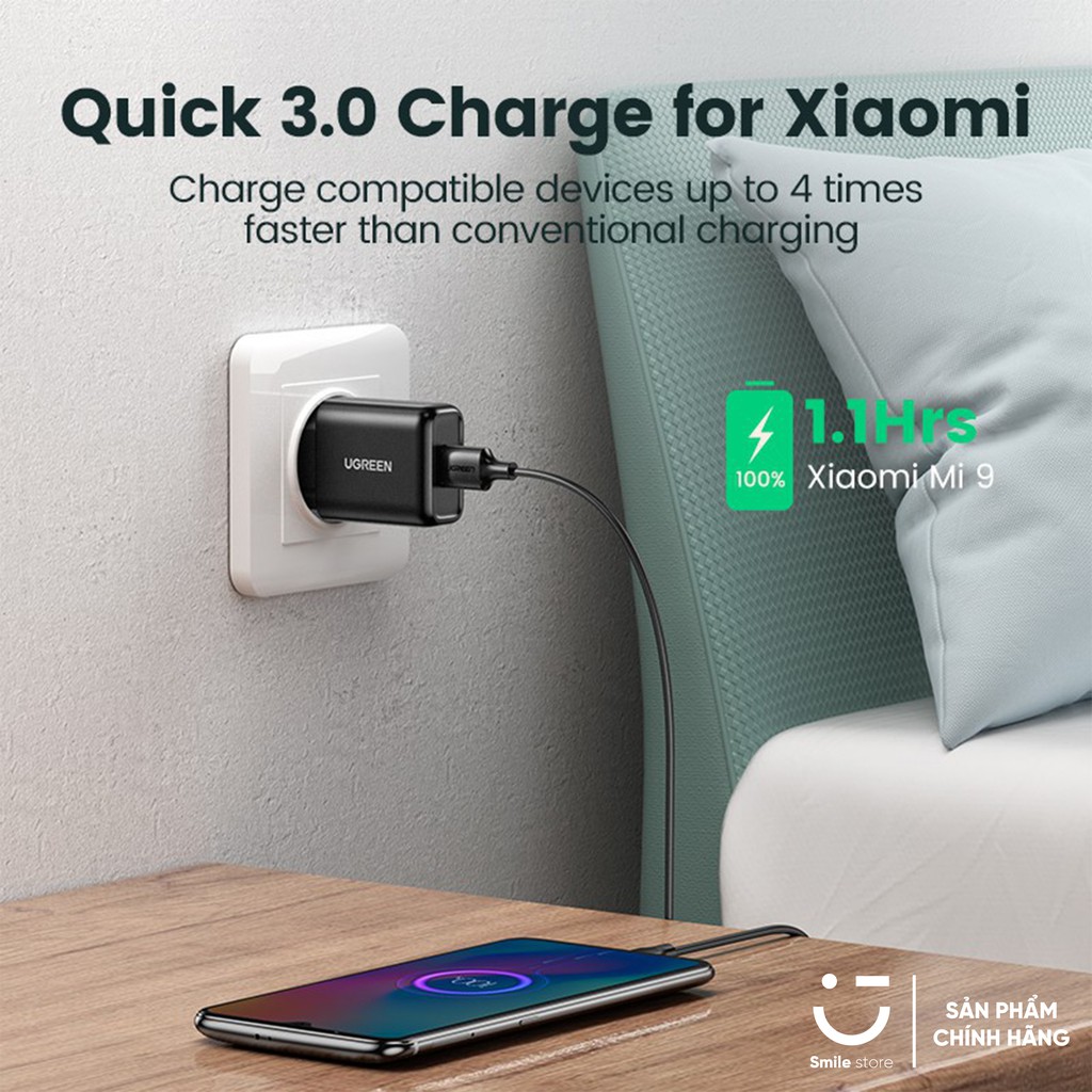 Củ Sạc Nhanh UGREEN QC 3.0 18W Chất Lượng Cao Hỗ Trợ QC 3.0 Dành Cho Samsung Xiaomi Oppo Realme Vsmart Và Máy Tính Bảng