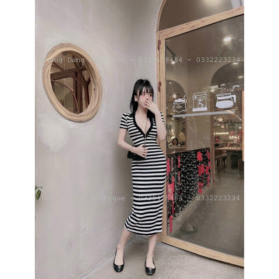 Váy body cổ V kẻ ngang _ SHOP THƠM PHẠM