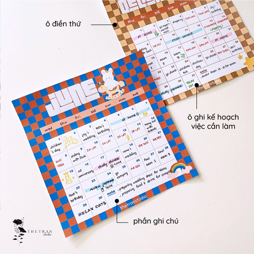 Bộ 12 tờ lịch kế hoạch hàng ngày 12 tháng dùng cho tất cả các năm vuông 145x145mm / single life calendar / thetranstudio