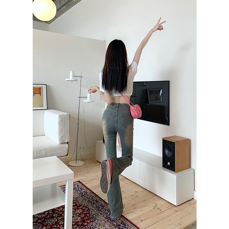 「MOTEL7」Hot Quần Jeans Ống Loe Micro Ôm Dáng Ống Loe Lưng Cao Co Giãn Phong Cách Retro Cho Nữ