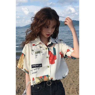 Áo Sơ Mi Ngắn Tay Họa Tiết Xinh Xắn, Lạ Mắt, vải đẹp mát, form rộng