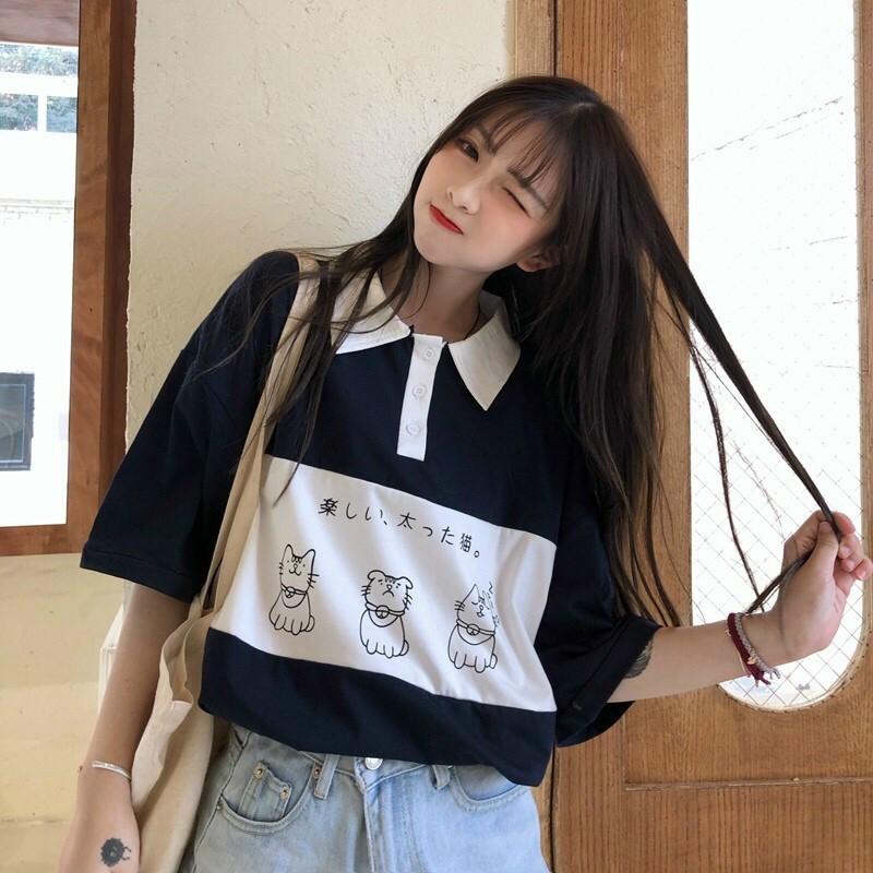 [ hình thật ở cuối ] Áo Thun Polo Unisex Tay Lỡ Form Rộng in hoạ tiết hoạt hình Mèo Con Cute và đáng yêu M0109