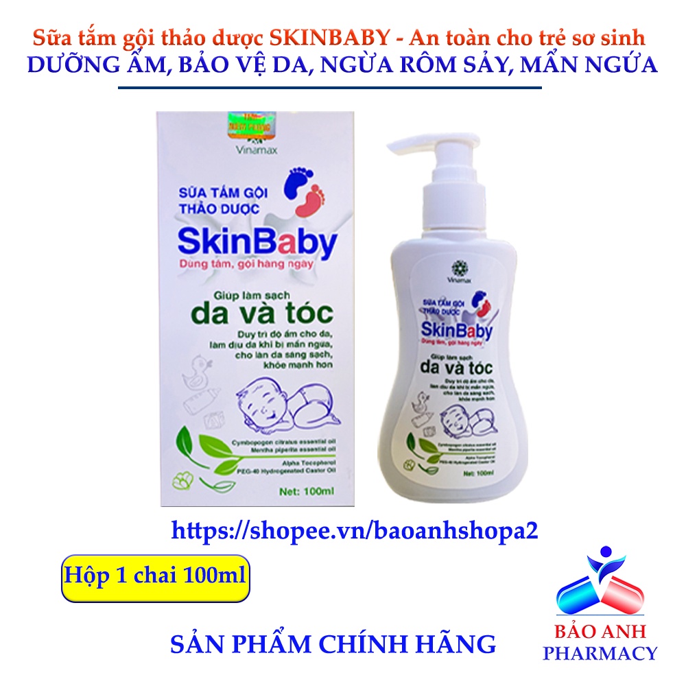 Nước tắm gội thảo dược An toàn cho bé SKINBABY – Ngừa rôm sảy, mẩn ngứa, làm sạch, bảo vệ, dưỡng ẩm da – Chai 100ml